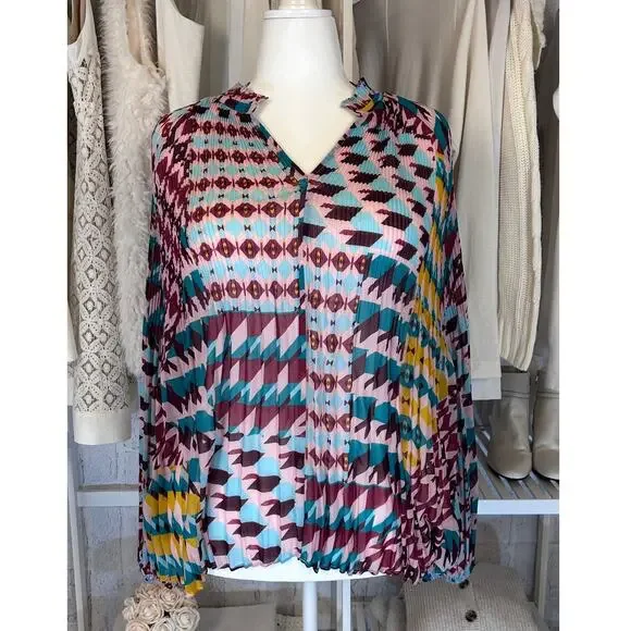 Ryegrass Women's Size XXL Multicolor Sheer Geometric Pleated Blouse #0141 - Picture 1 of 8
